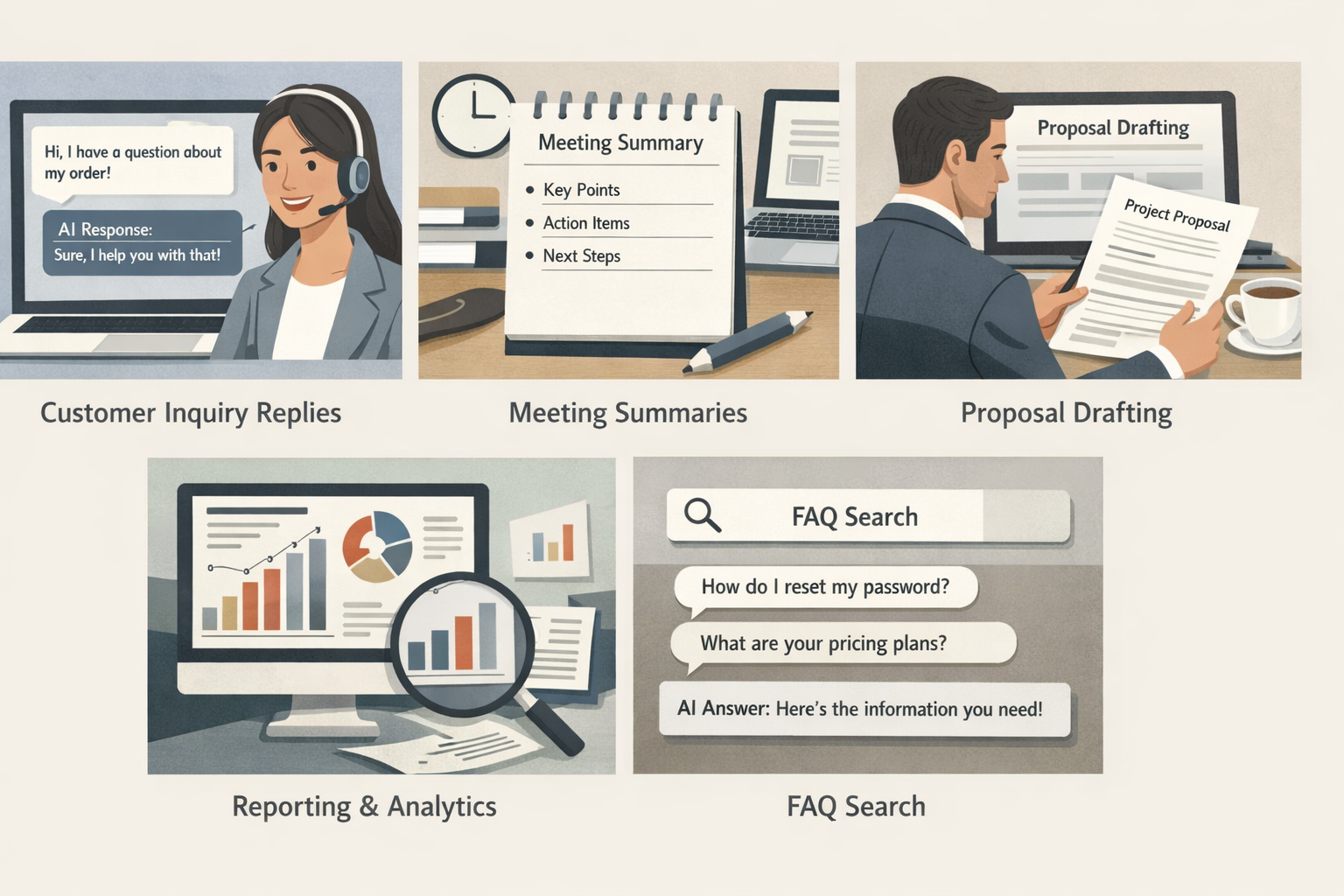 AI業務改善の代表的な事例を並べたビジュアル